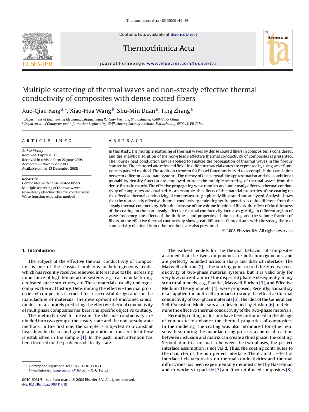 Multiple scattering of thermal waves and non-steady effective thermal conductivity of composites with dense coated fibers