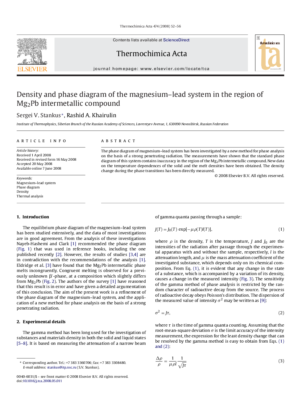 Density and phase diagram of the magnesium–lead system in the region of Mg2Pb intermetallic compound