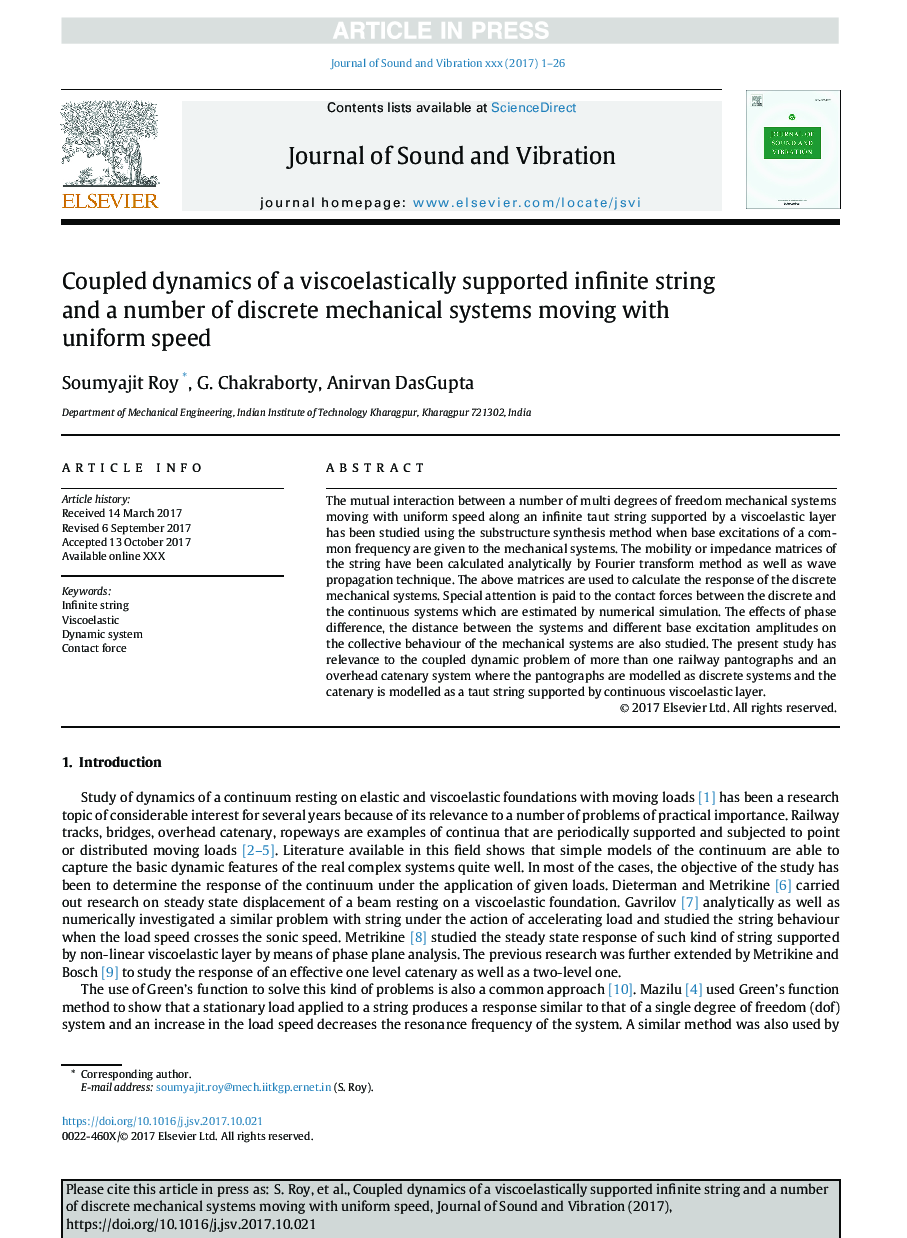 Coupled dynamics of a viscoelastically supported infinite string and a number of discrete mechanical systems moving with uniform speed