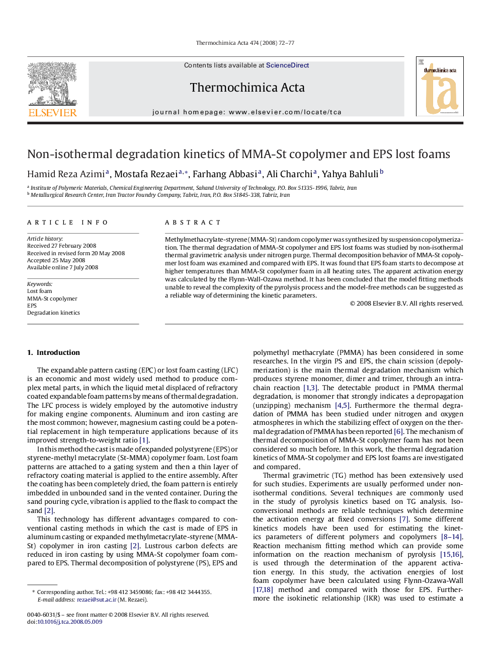 Non-isothermal degradation kinetics of MMA-St copolymer and EPS lost foams