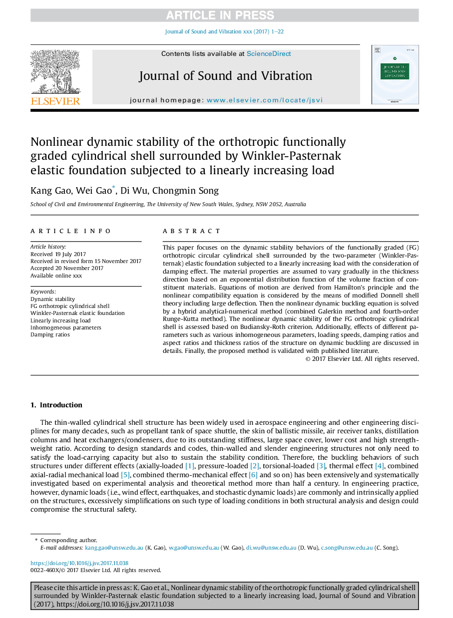 Nonlinear dynamic stability of the orthotropic functionally graded cylindrical shell surrounded by Winkler-Pasternak elastic foundation subjected to a linearly increasing load