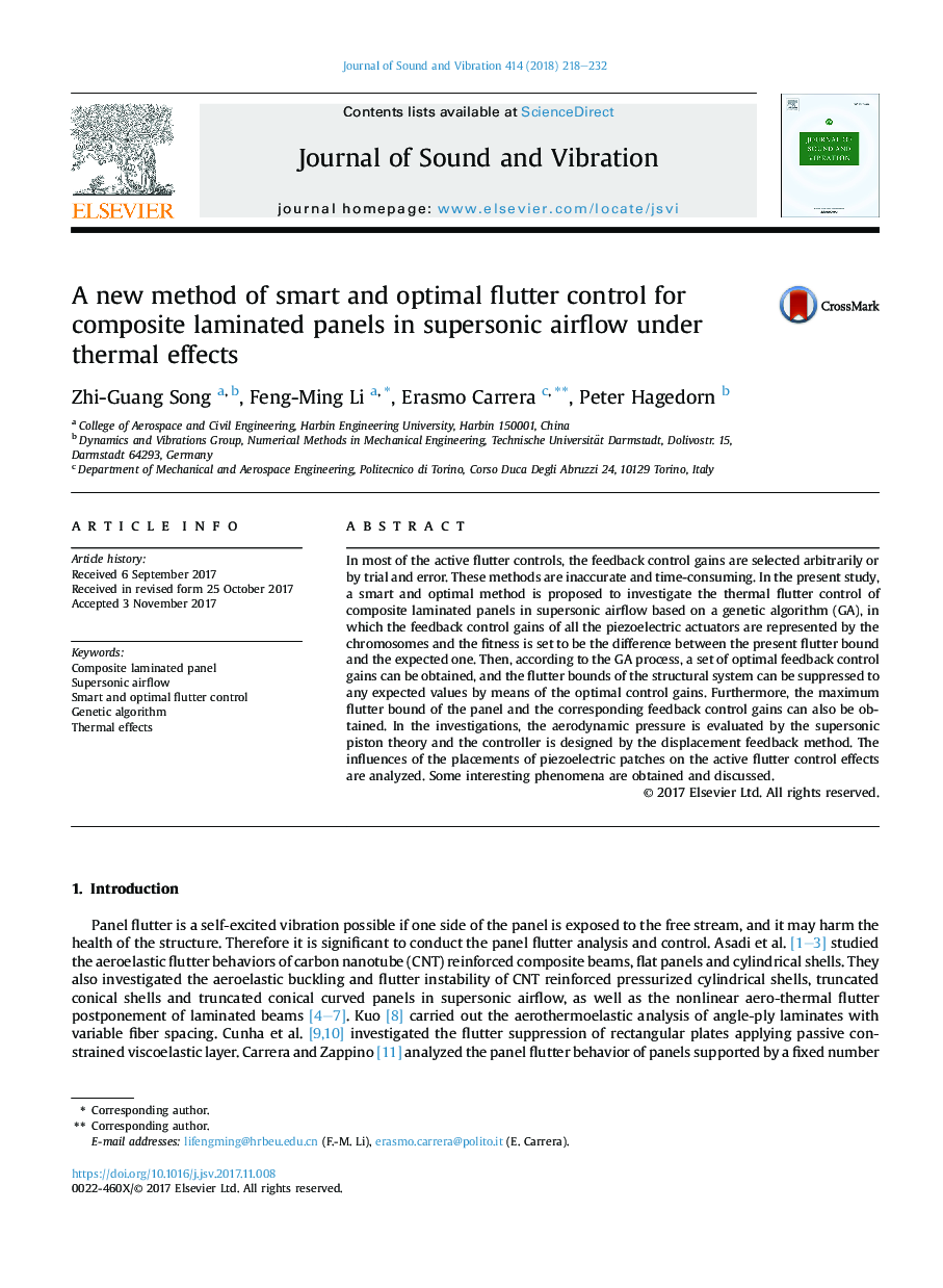A new method of smart and optimal flutter control for composite laminated panels in supersonic airflow under thermal effects