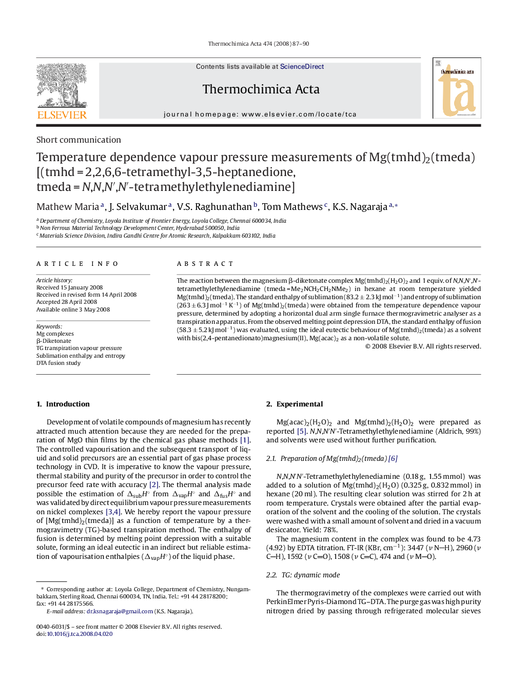 Temperature dependence vapour pressure measurements of Mg(tmhd)2(tmeda) [(tmhd = 2,2,6,6-tetramethyl-3,5-heptanedione, tmeda = N,N,N′,N′-tetramethylethylenediamine]