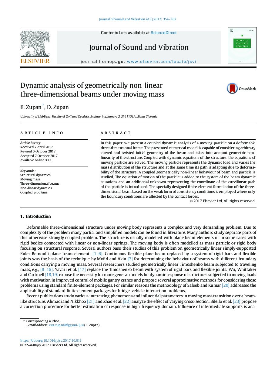 Dynamic analysis of geometrically non-linear three-dimensional beams under moving mass