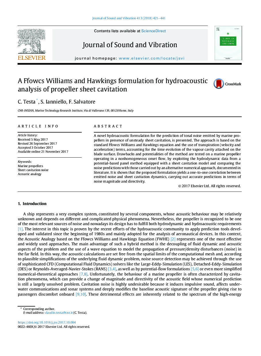 A Ffowcs Williams and Hawkings formulation for hydroacoustic analysis of propeller sheet cavitation