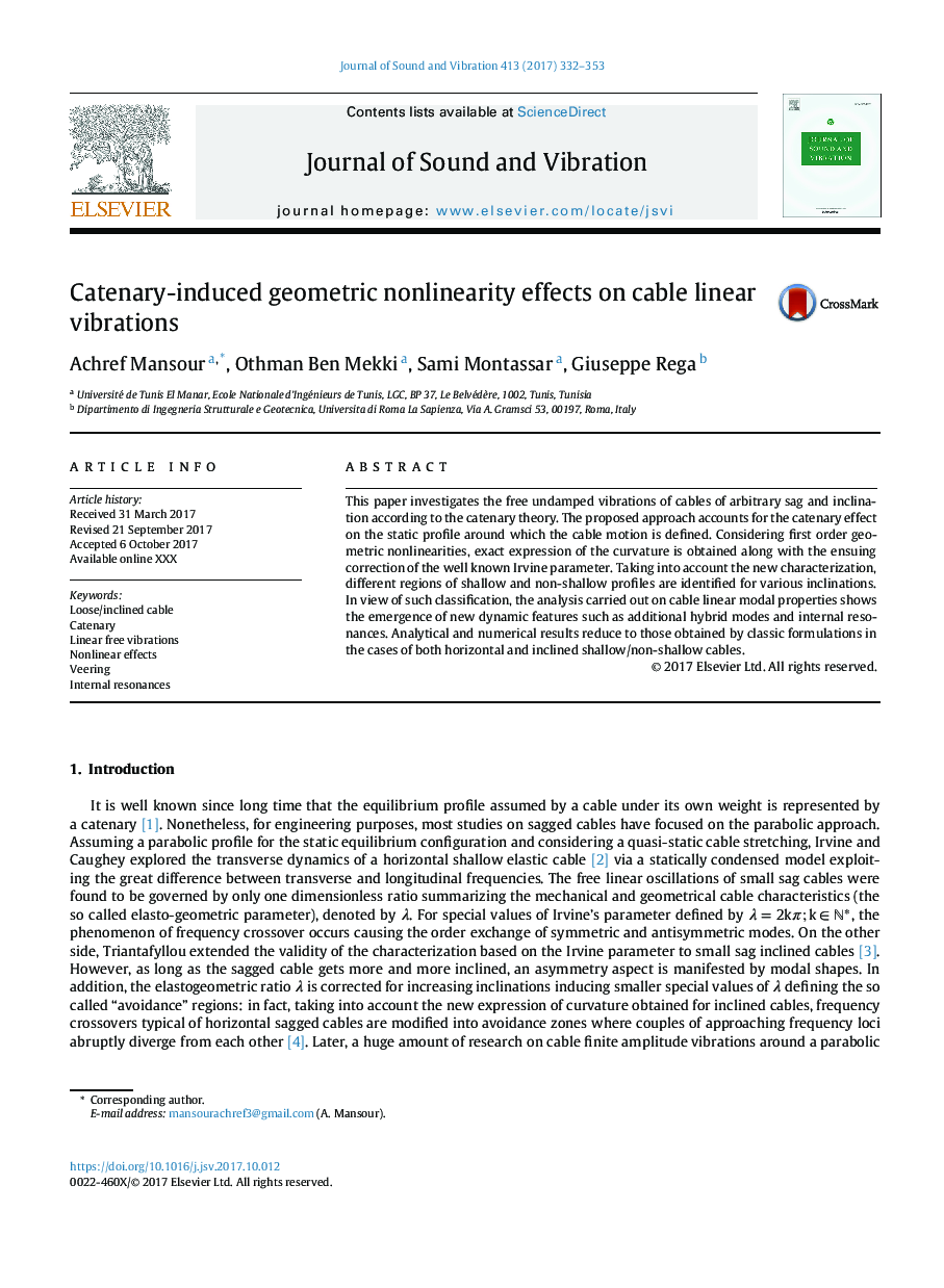 Catenary-induced geometric nonlinearity effects on cable linear vibrations