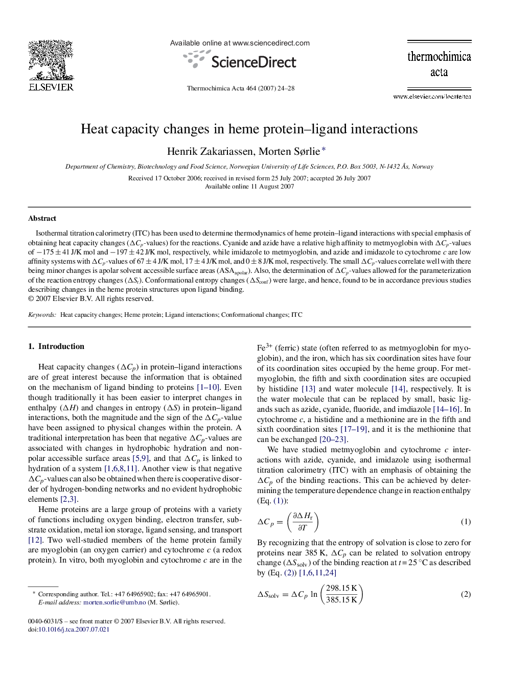 Heat capacity changes in heme protein–ligand interactions