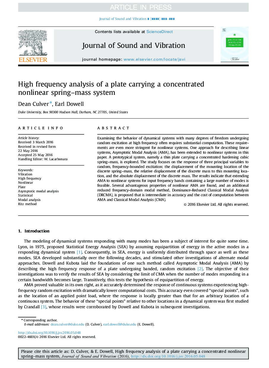 High frequency analysis of a plate carrying a concentrated nonlinear spring-mass system