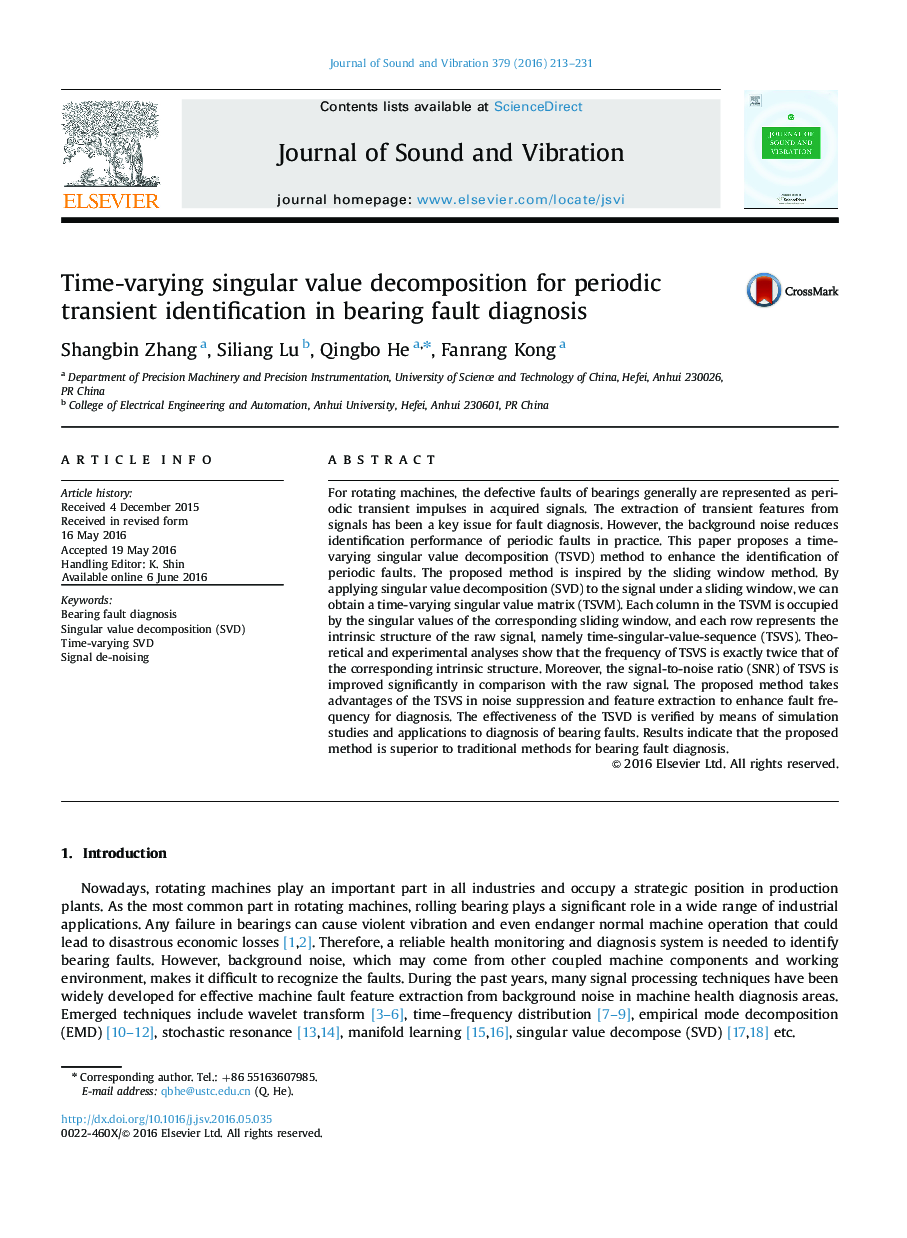 Time-varying singular value decomposition for periodic transient identification in bearing fault diagnosis