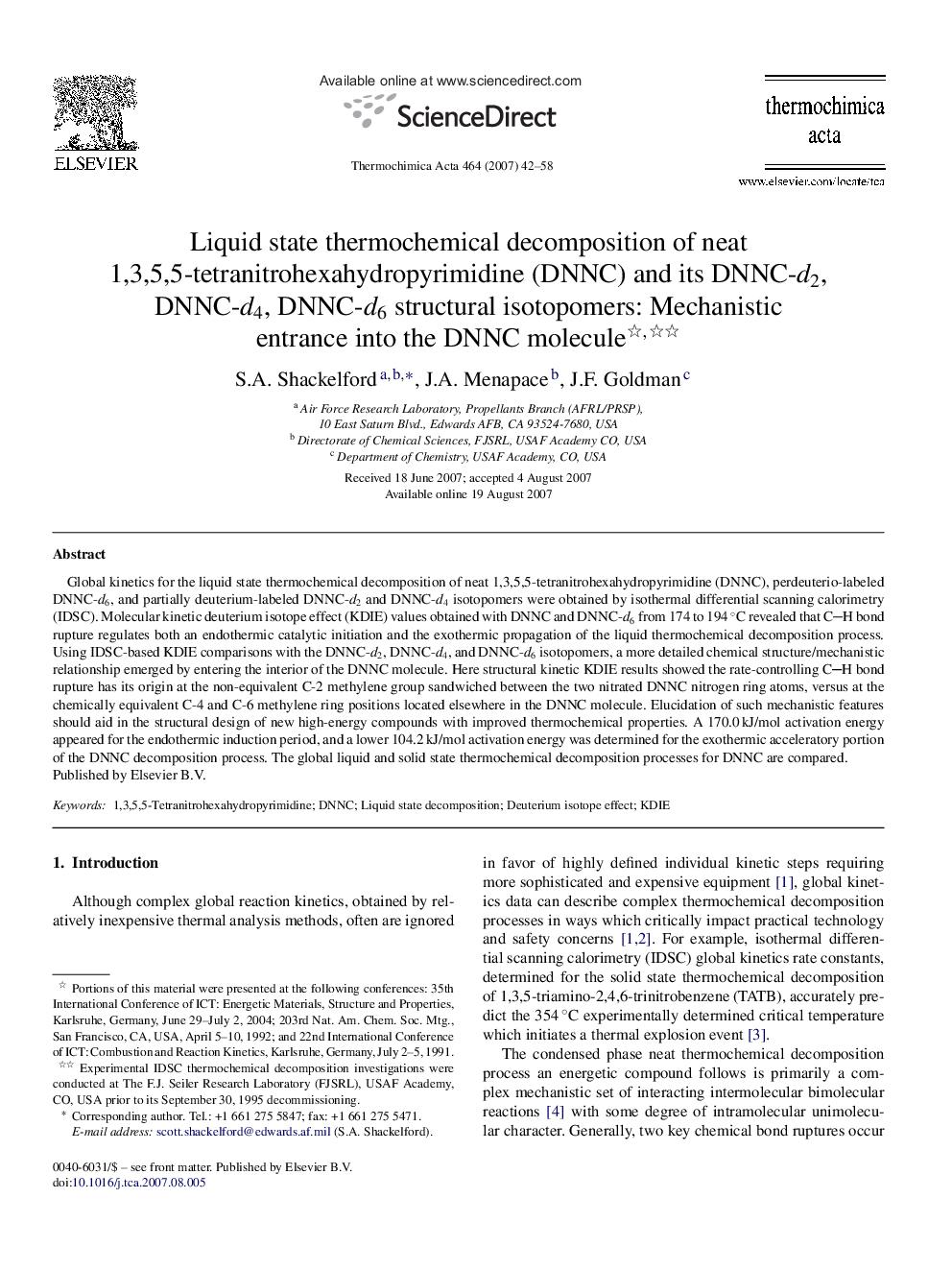 Liquid state thermochemical decomposition of neat 1,3,5,5-tetranitrohexahydropyrimidine (DNNC) and its DNNC-d2, DNNC-d4, DNNC-d6 structural isotopomers: Mechanistic entrance into the DNNC molecule