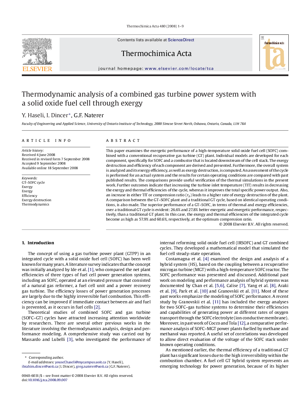 Thermodynamic analysis of a combined gas turbine power system with a solid oxide fuel cell through exergy