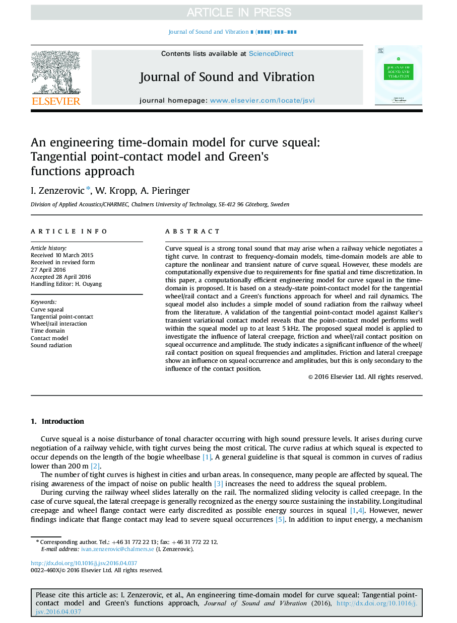 An engineering time-domain model for curve squeal: Tangential point-contact model and Green×³s functions approach