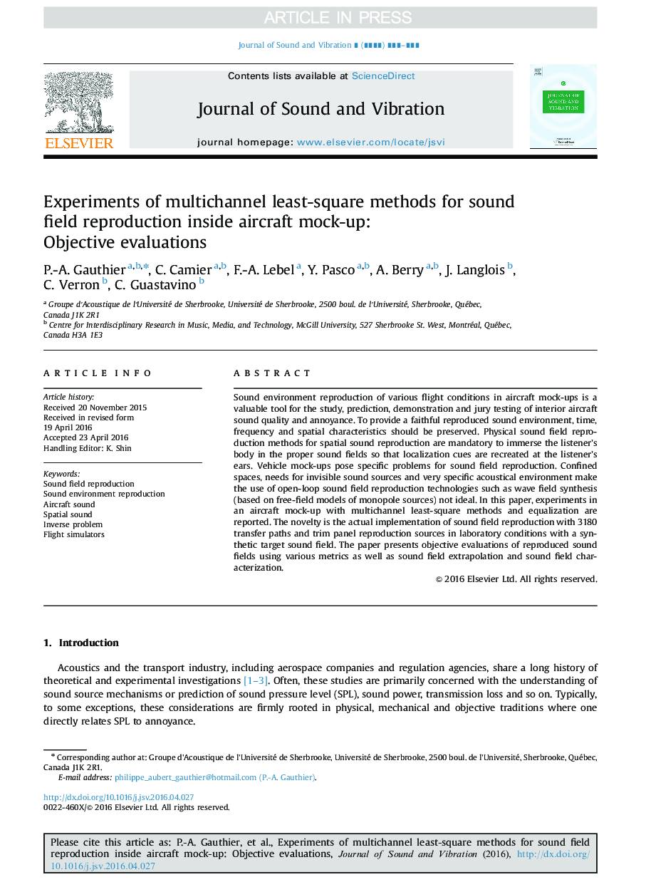 Experiments of multichannel least-square methods for sound field reproduction inside aircraft mock-up: Objective evaluations