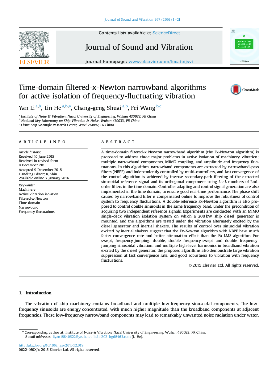 Time-domain filtered-x-Newton narrowband algorithms for active isolation of frequency-fluctuating vibration