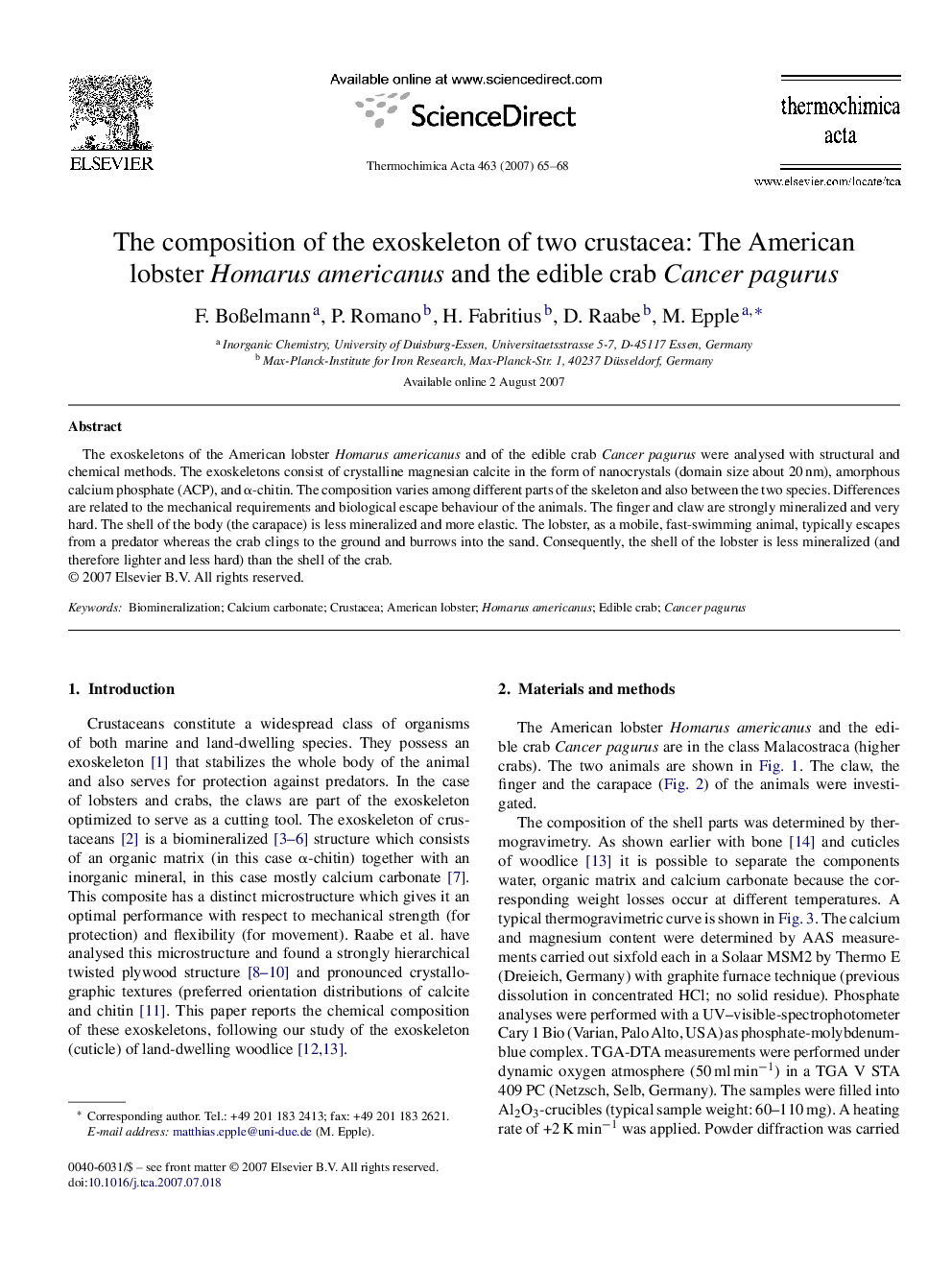 The composition of the exoskeleton of two crustacea: The American lobster Homarus americanus and the edible crab Cancer pagurus