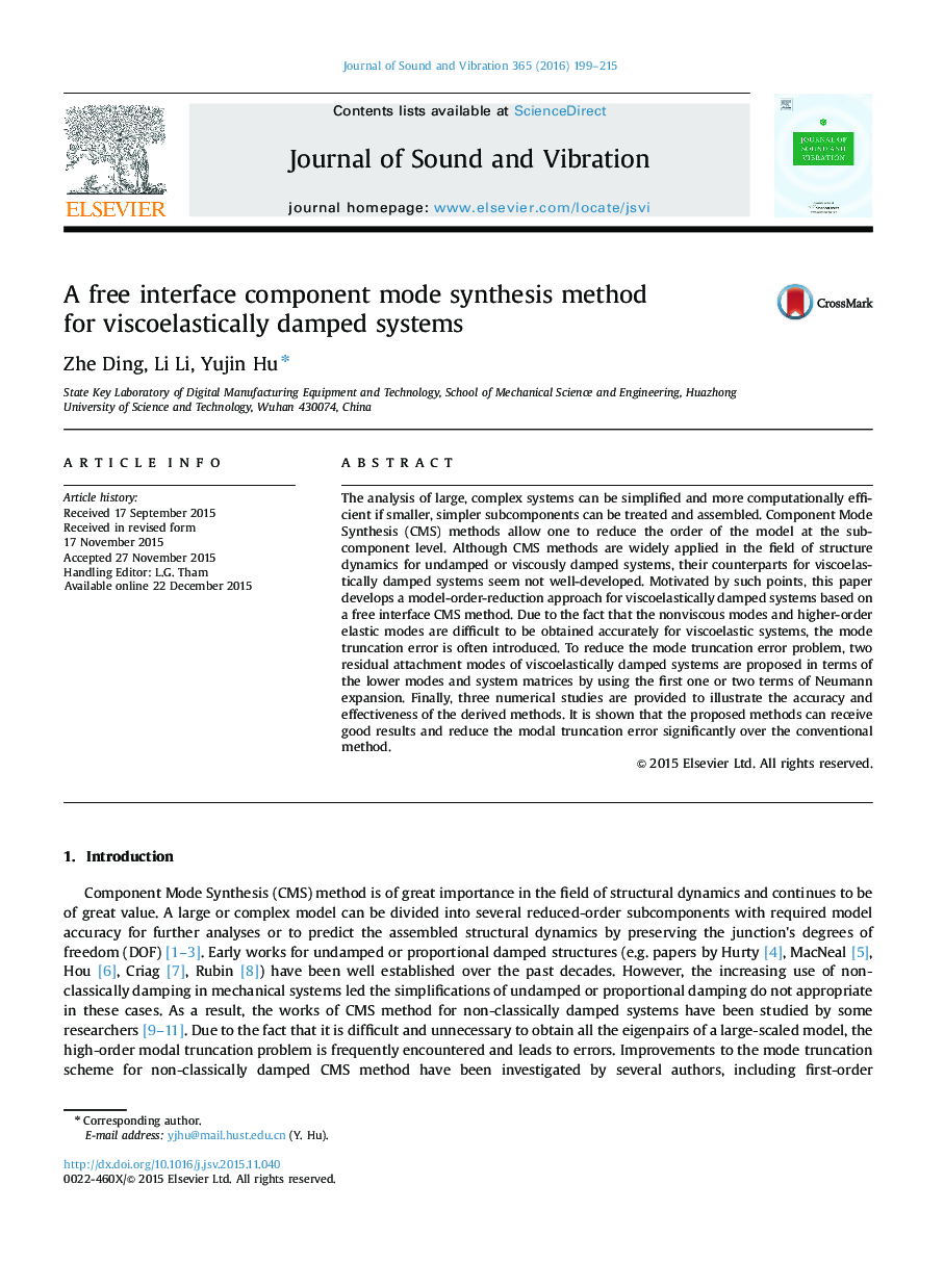 A free interface component mode synthesis method for viscoelastically damped systems