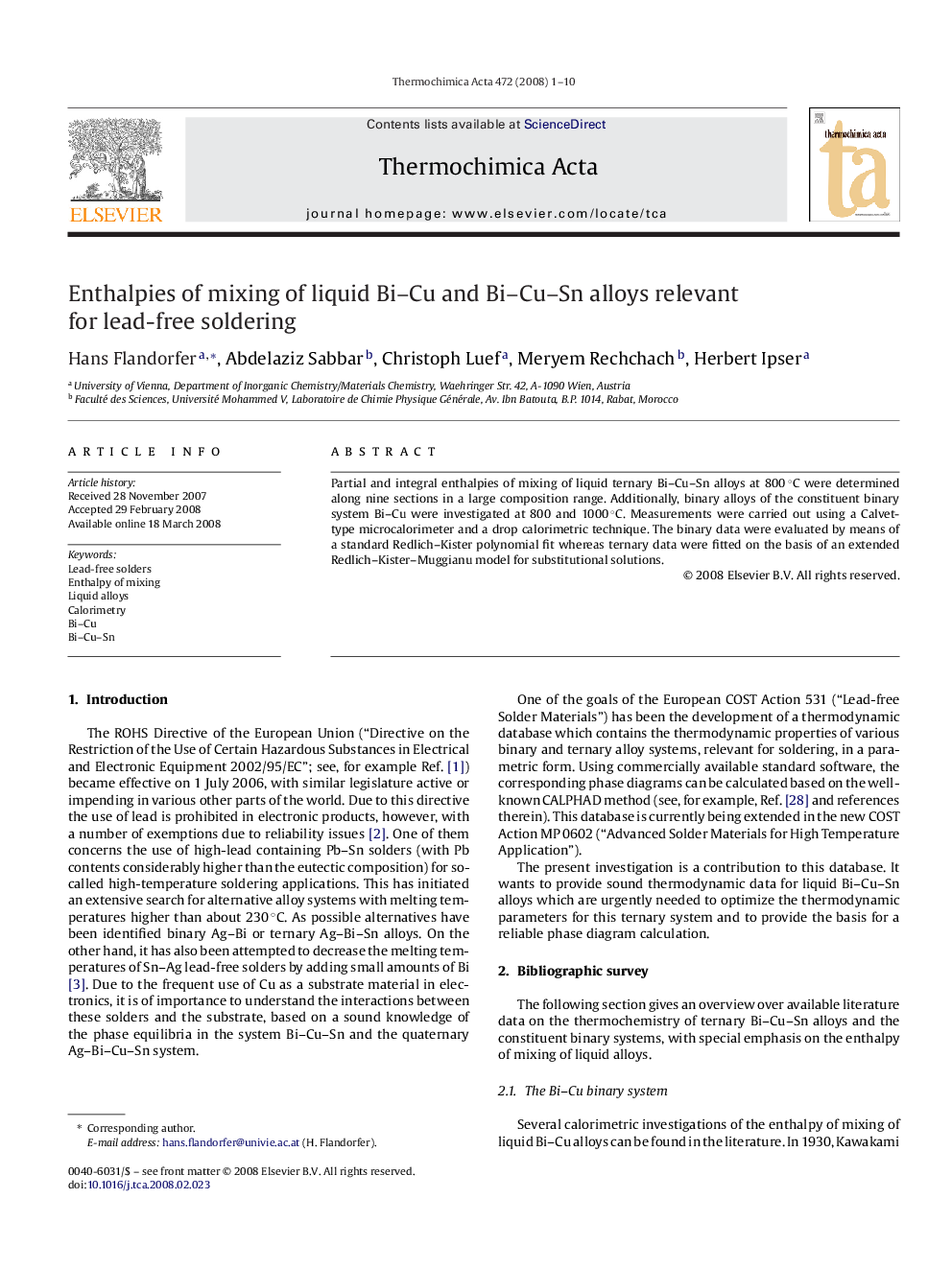 Enthalpies of mixing of liquid Bi–Cu and Bi–Cu–Sn alloys relevant for lead-free soldering