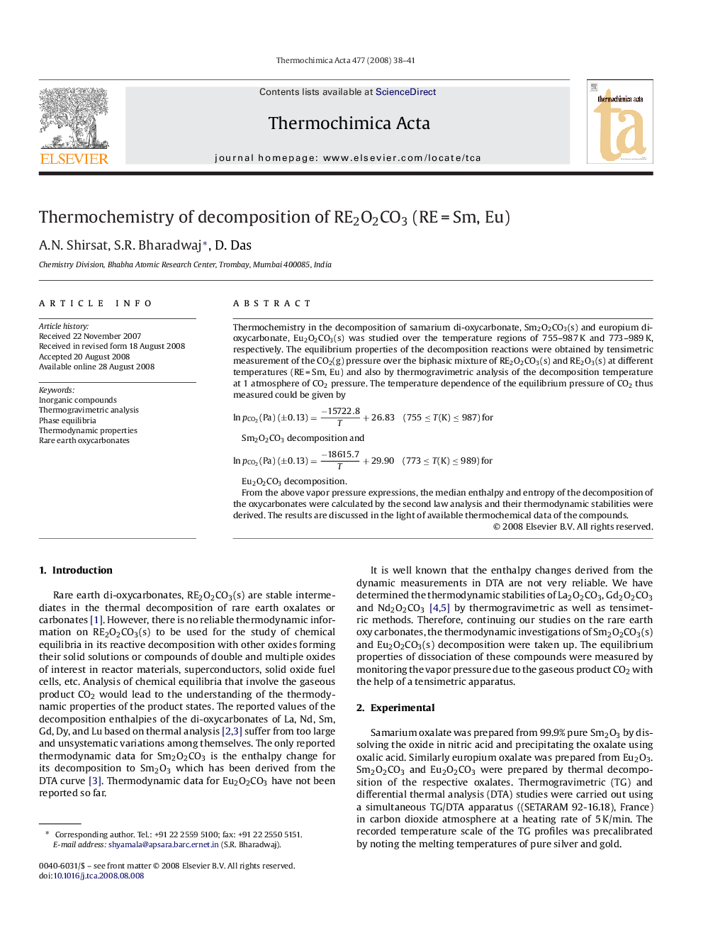 Thermochemistry of decomposition of RE2O2CO3 (RE = Sm, Eu)