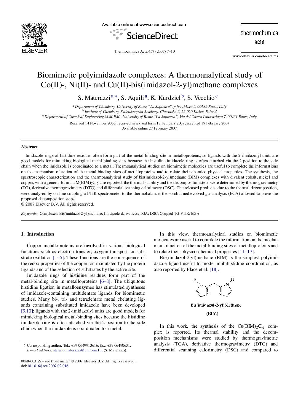 Biomimetic polyimidazole complexes: A thermoanalytical study of Co(II)-, Ni(II)- and Cu(II)-bis(imidazol-2-yl)methane complexes