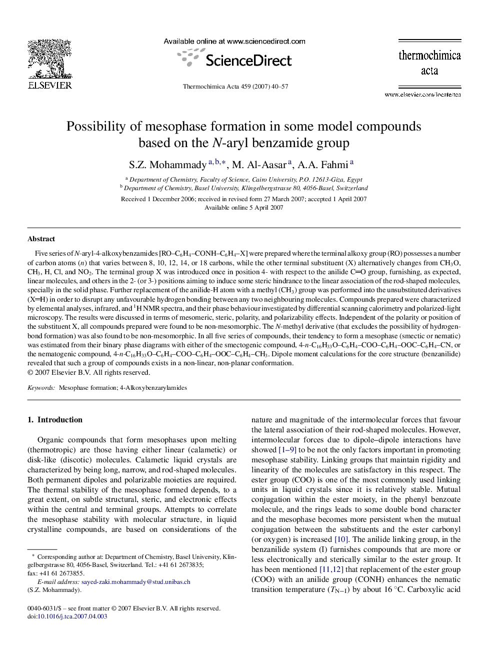 Possibility of mesophase formation in some model compounds based on the N-aryl benzamide group