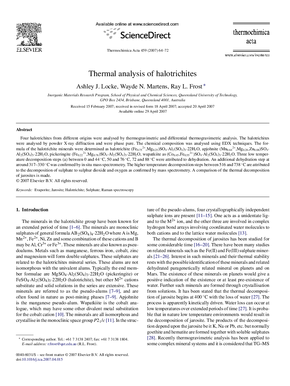 Thermal analysis of halotrichites