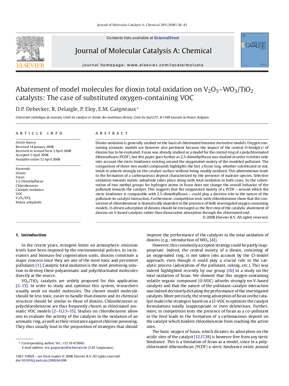 Abatement of model molecules for dioxin total oxidation on V2O5–WO3/TiO2 catalysts: The case of substituted oxygen-containing VOC