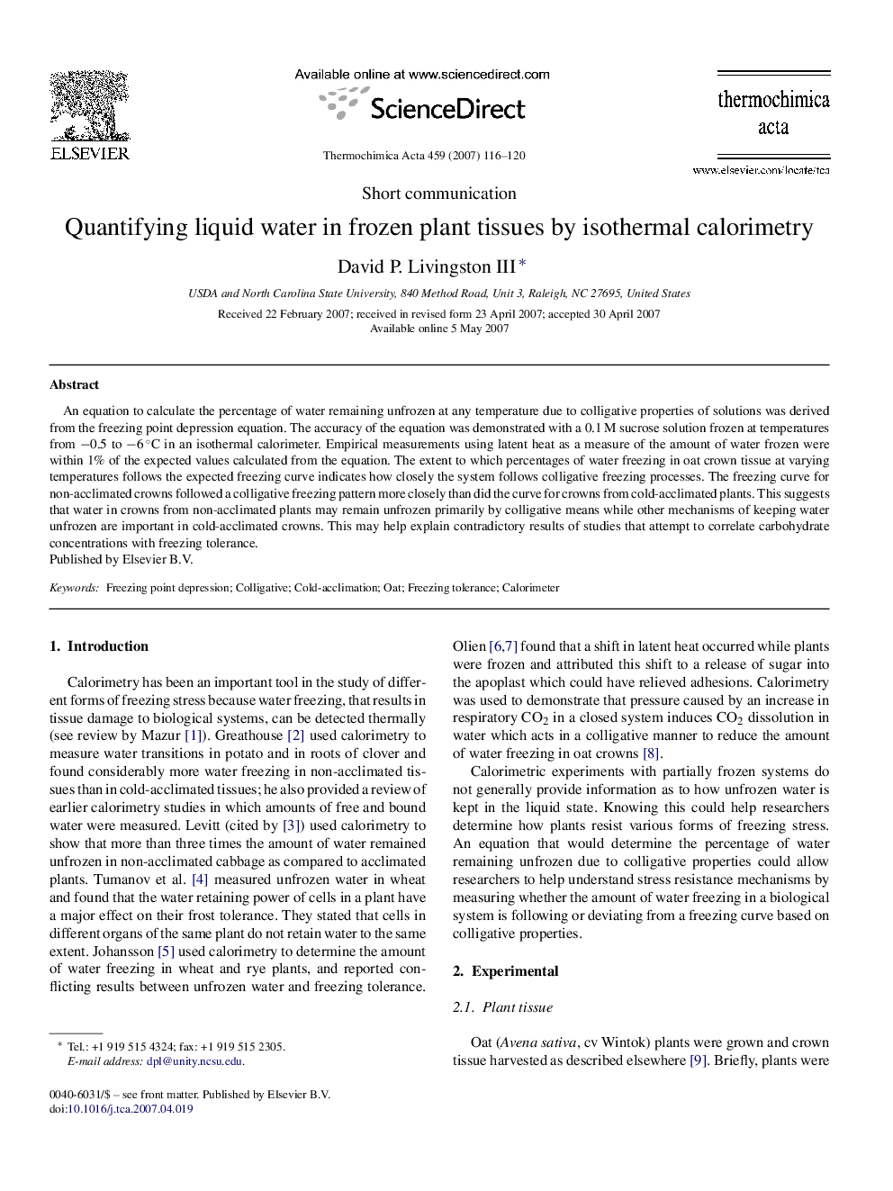 Quantifying liquid water in frozen plant tissues by isothermal calorimetry