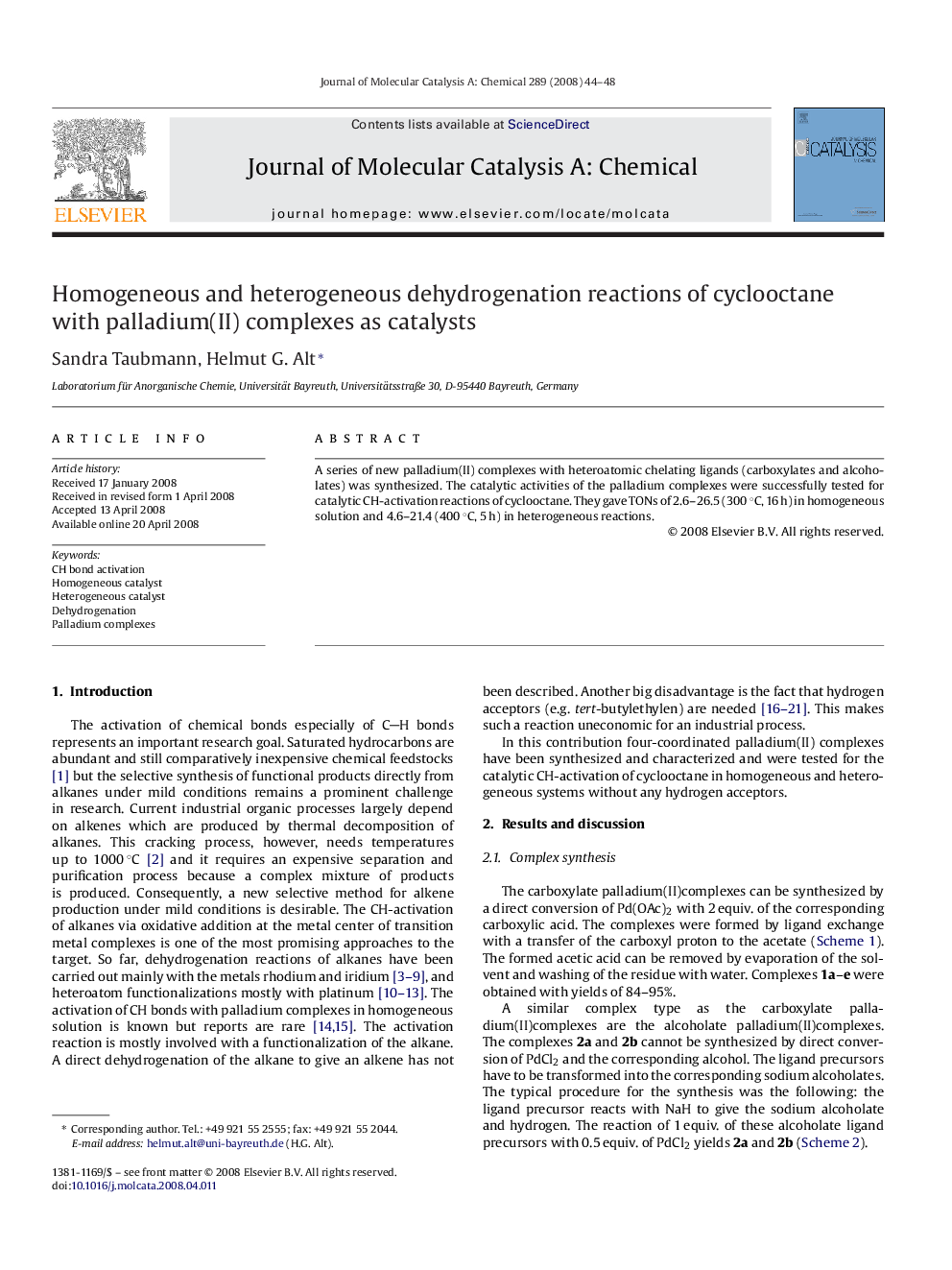 Homogeneous and heterogeneous dehydrogenation reactions of cyclooctane with palladium(II) complexes as catalysts