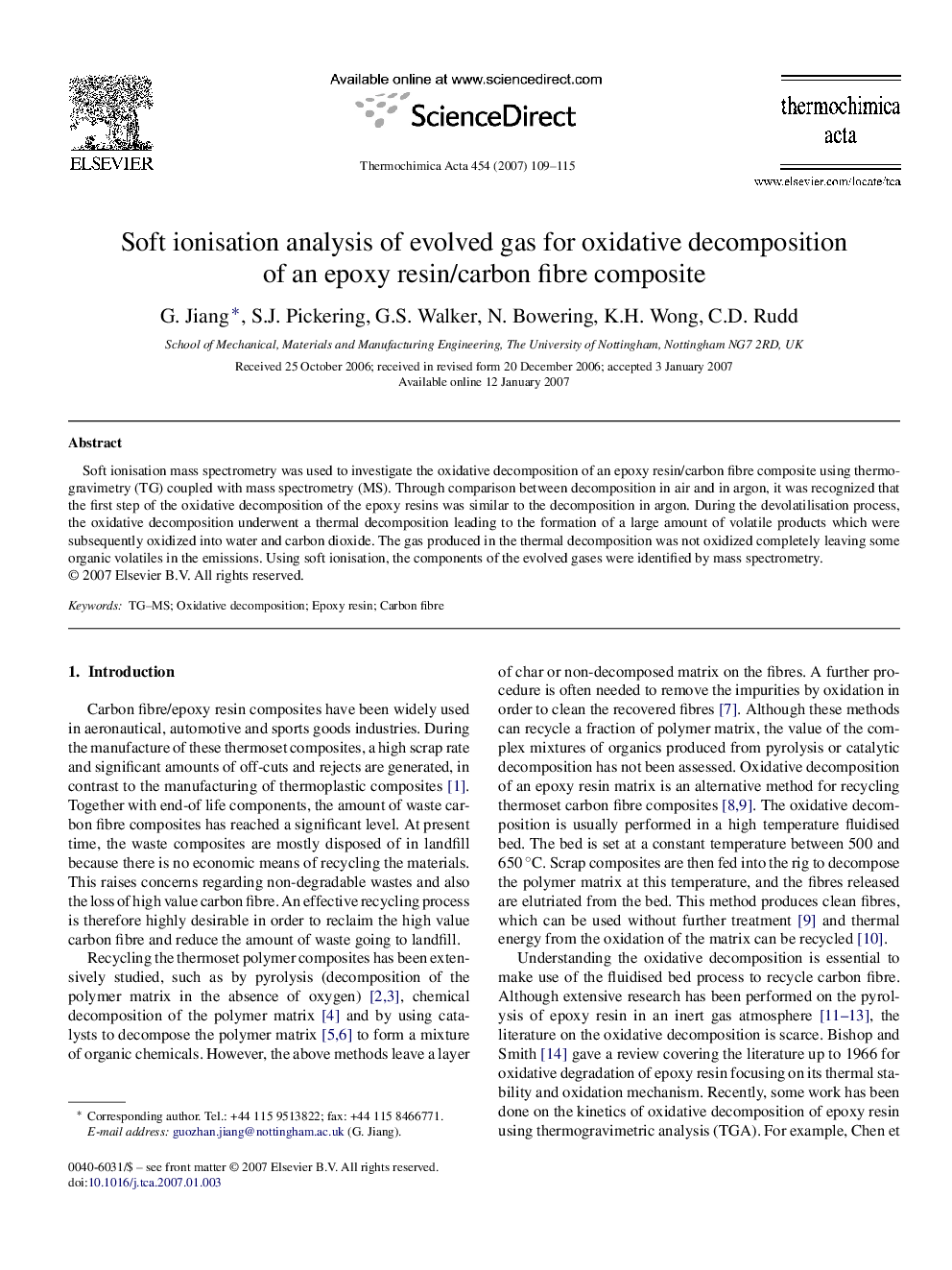 Soft ionisation analysis of evolved gas for oxidative decomposition of an epoxy resin/carbon fibre composite