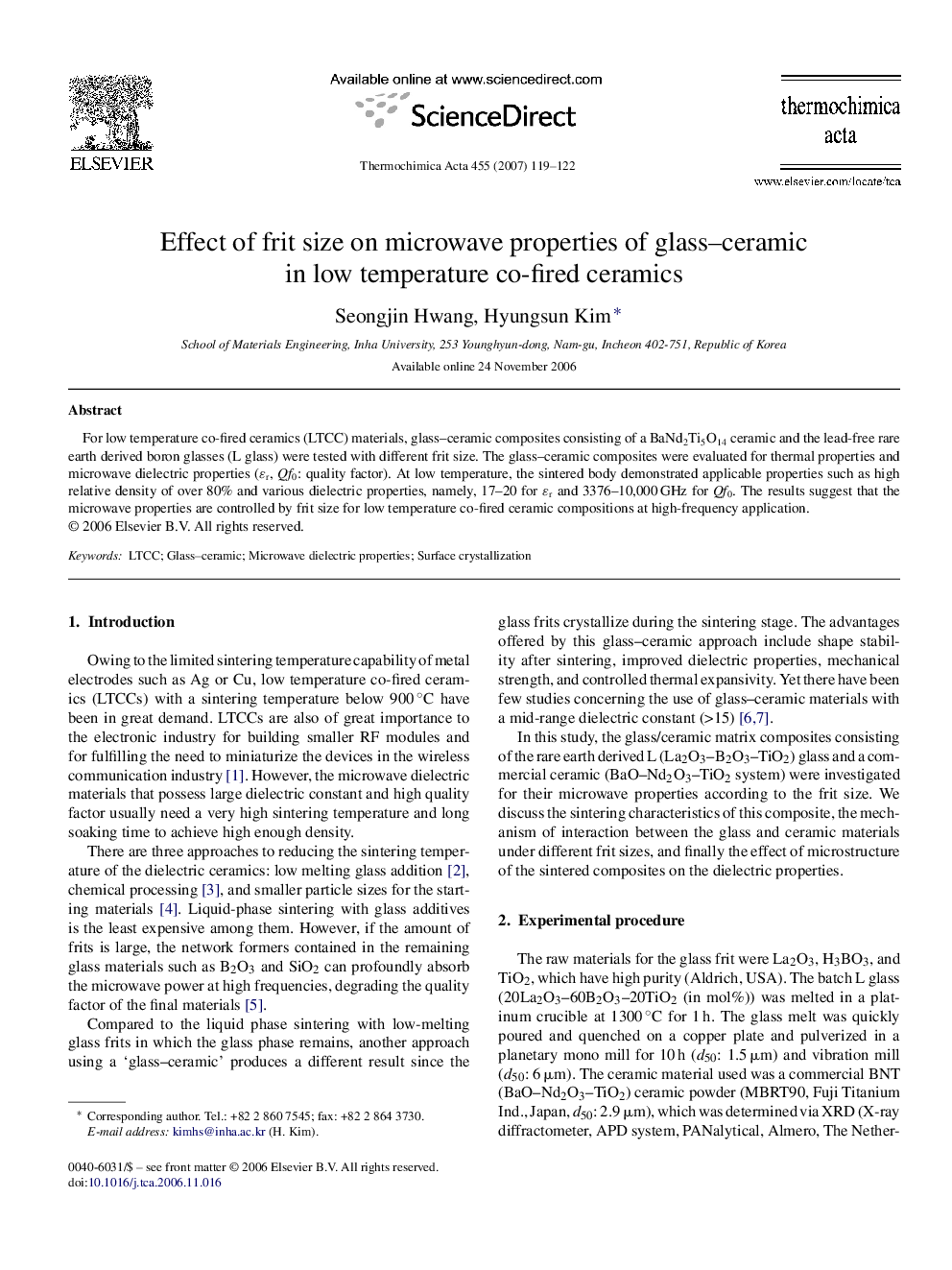 Effect of frit size on microwave properties of glass–ceramic in low temperature co-fired ceramics