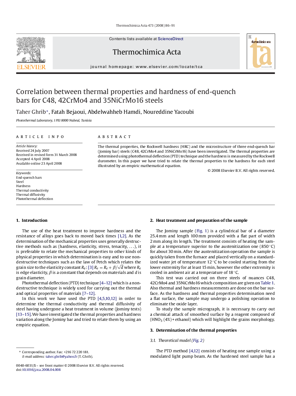 Correlation between thermal properties and hardness of end-quench bars for C48, 42CrMo4 and 35NiCrMo16 steels