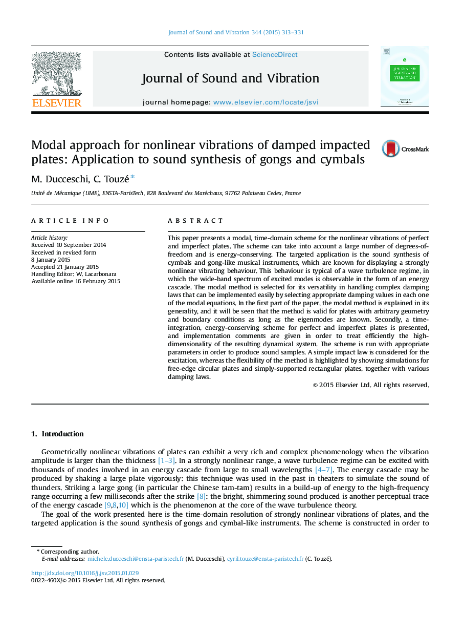 Modal approach for nonlinear vibrations of damped impacted plates: Application to sound synthesis of gongs and cymbals