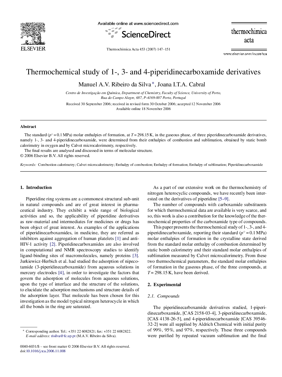 Thermochemical study of 1-, 3- and 4-piperidinecarboxamide derivatives