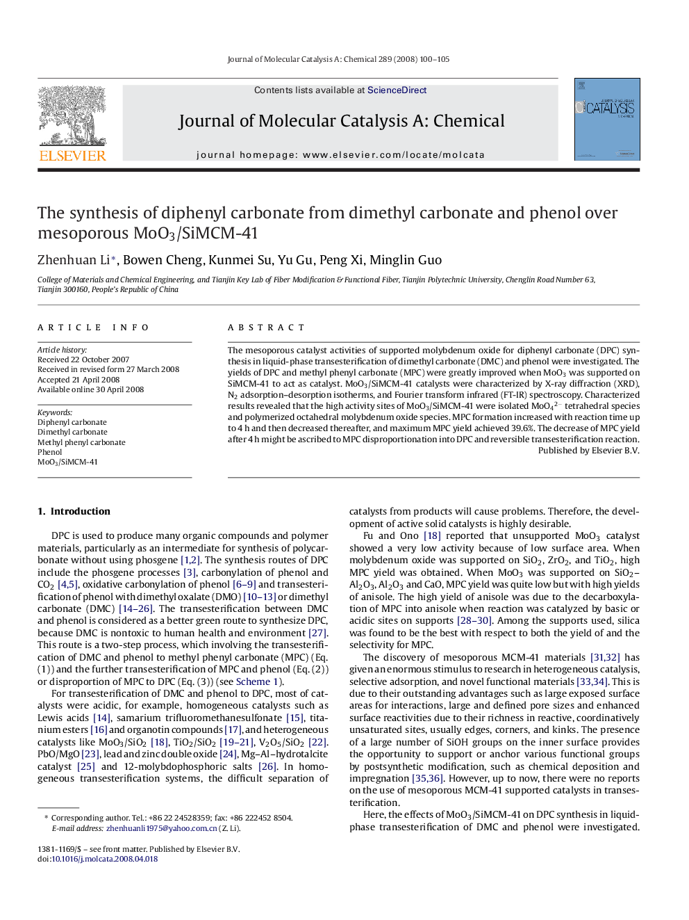 The synthesis of diphenyl carbonate from dimethyl carbonate and phenol over mesoporous MoO3/SiMCM-41