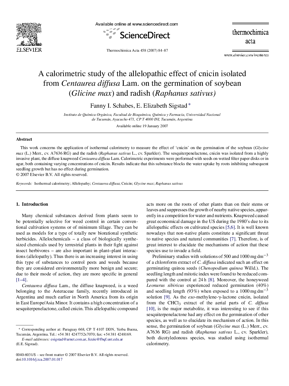 A calorimetric study of the allelopathic effect of cnicin isolated from Centaurea diffusa Lam. on the germination of soybean (Glicine max) and radish (Raphanus sativus)