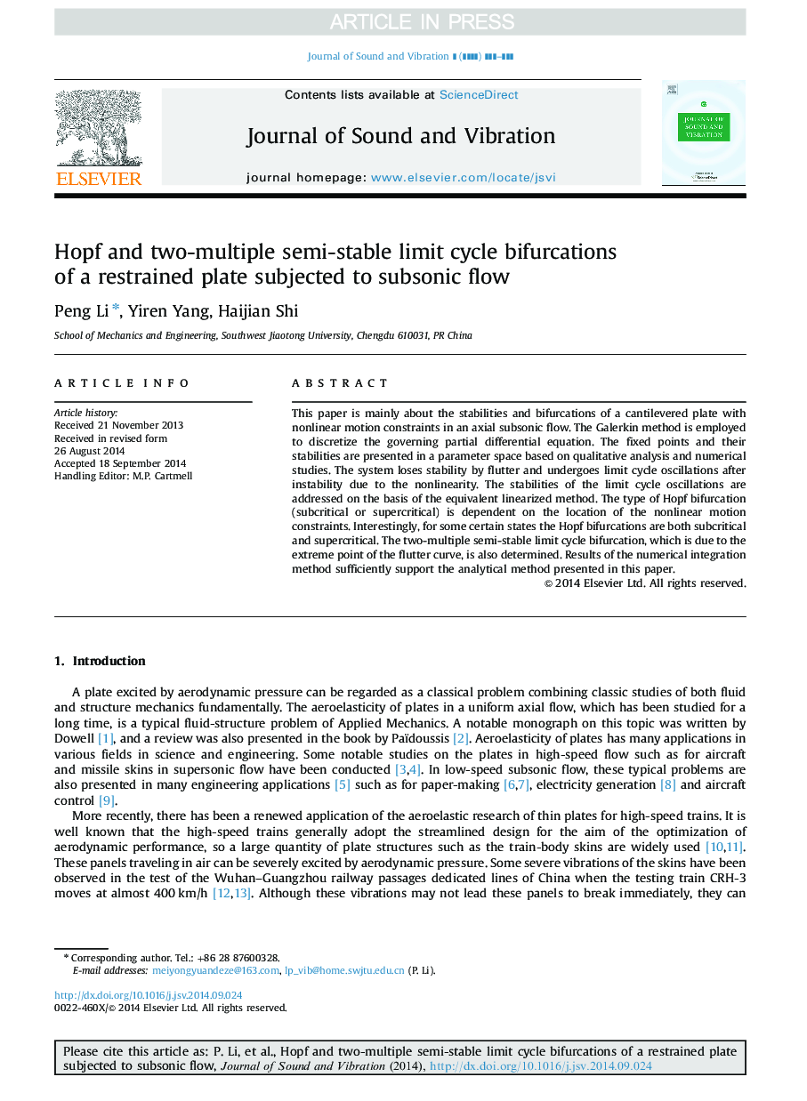 Hopf and two-multiple semi-stable limit cycle bifurcations of a restrained plate subjected to subsonic flow