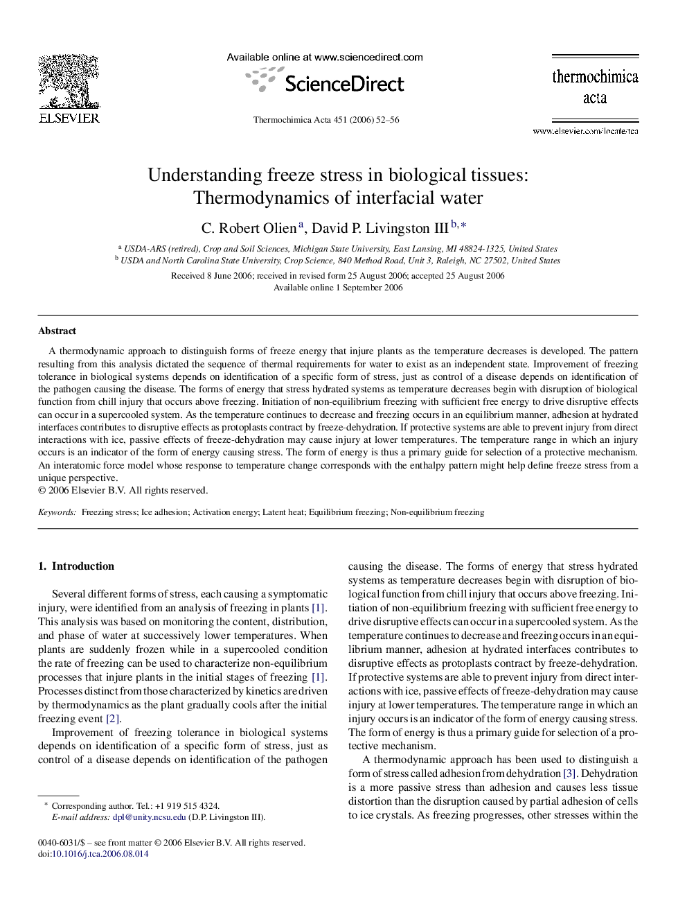 Understanding freeze stress in biological tissues: Thermodynamics of interfacial water