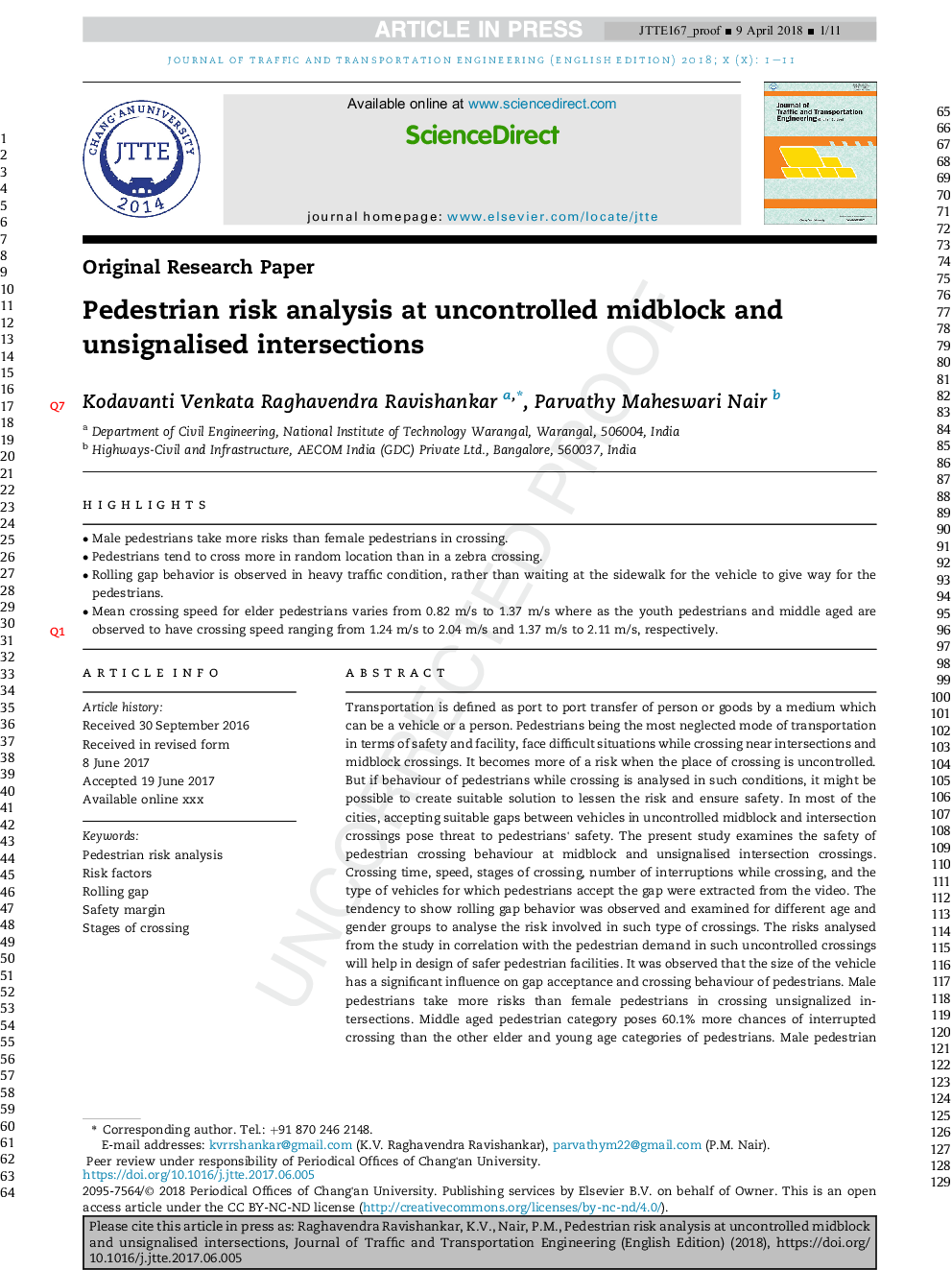 Pedestrian risk analysis at uncontrolled midblock and unsignalised intersections