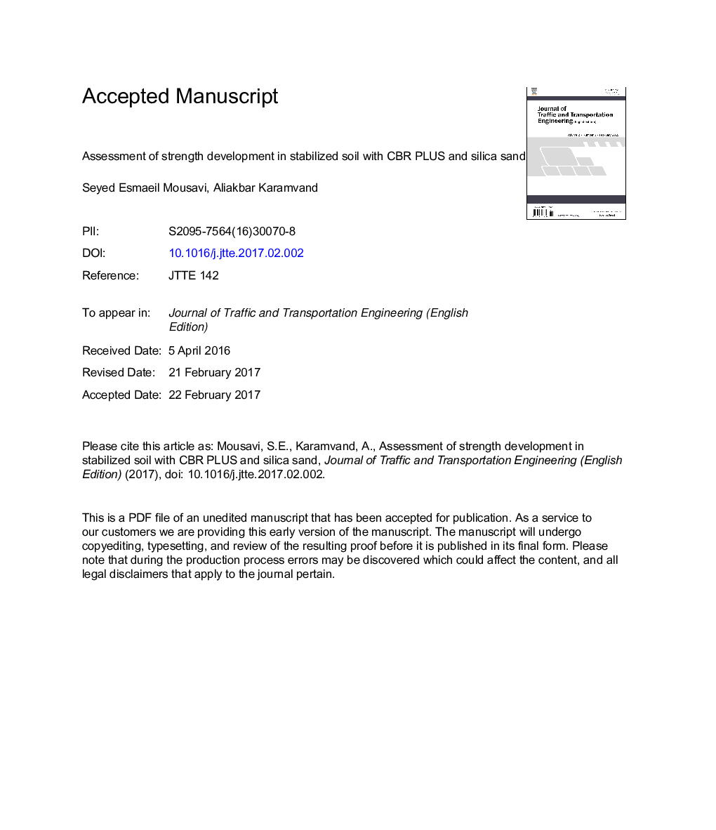 Assessment of strength development in stabilized soil with CBR PLUS and silica sand