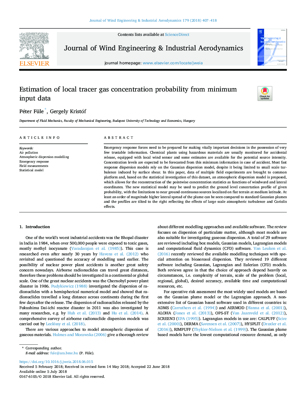 Estimation of local tracer gas concentration probability from minimum input data