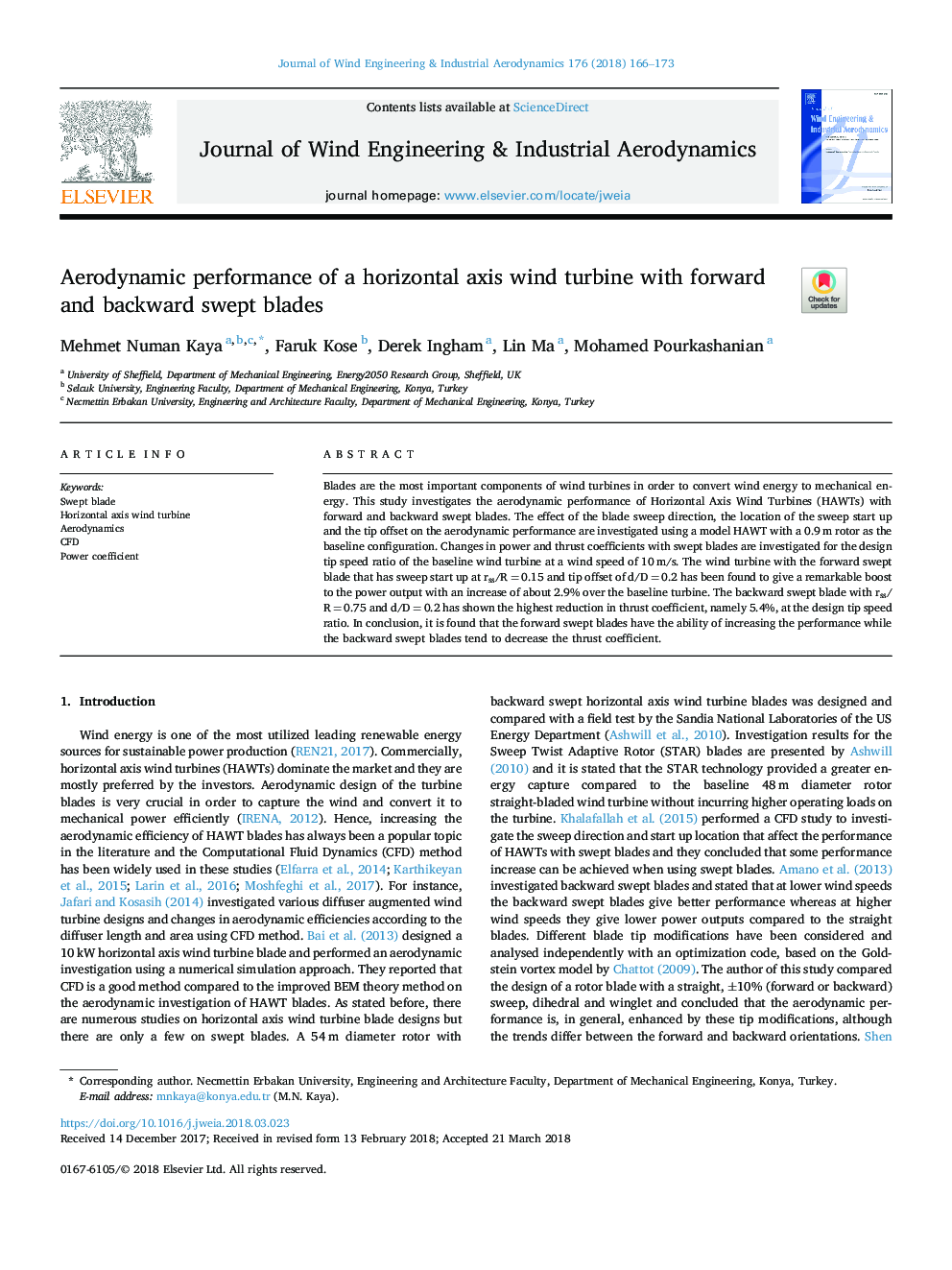 Aerodynamic performance of a horizontal axis wind turbine with forward and backward swept blades