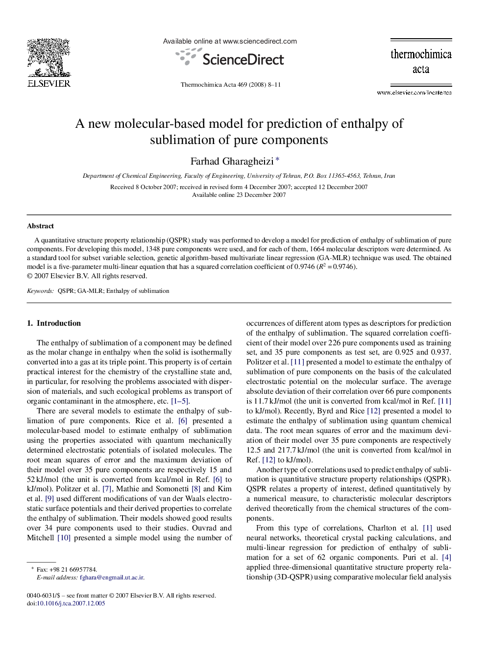 A new molecular-based model for prediction of enthalpy of sublimation of pure components