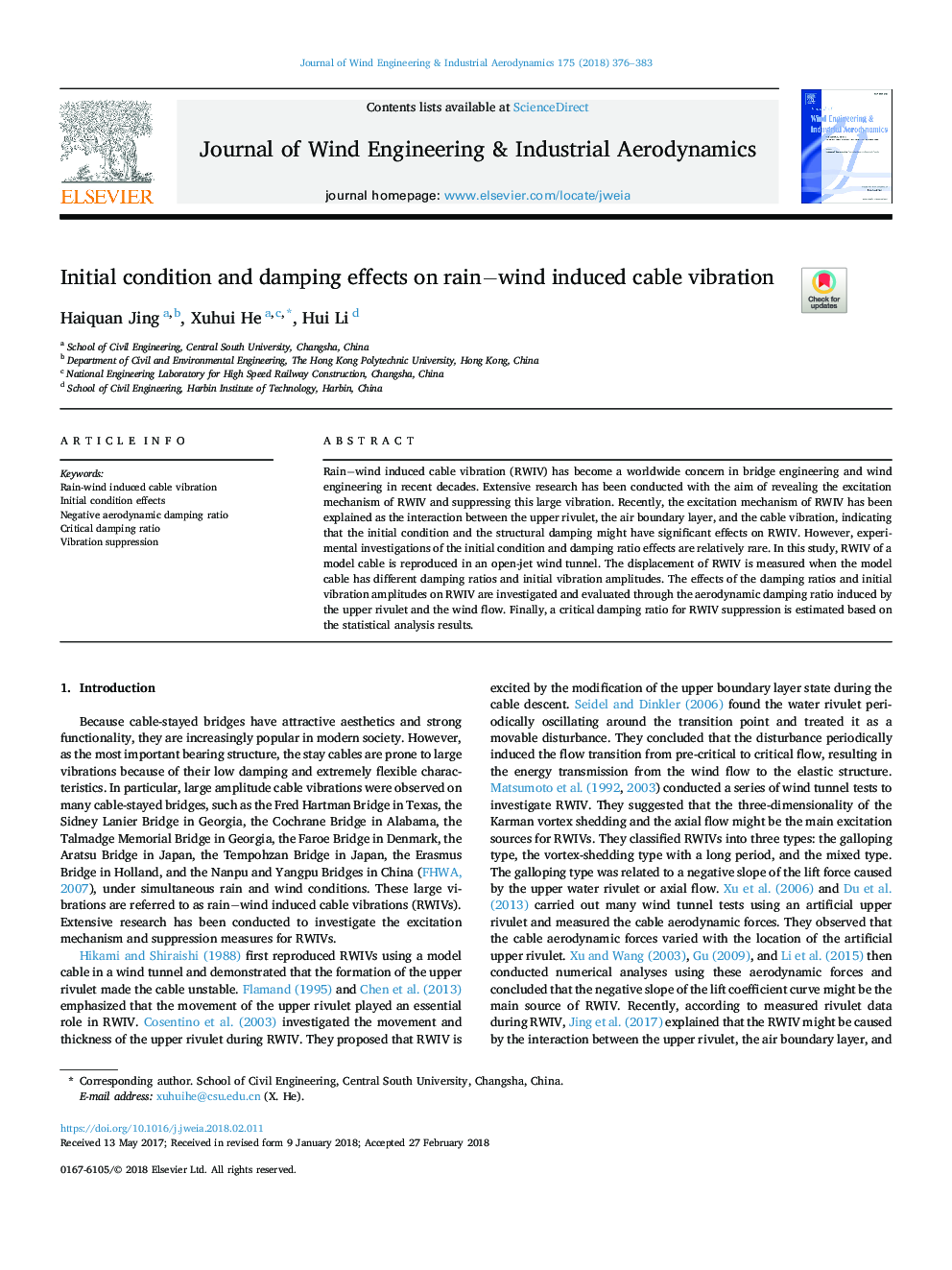 Initial condition and damping effects on rainâwind induced cable vibration