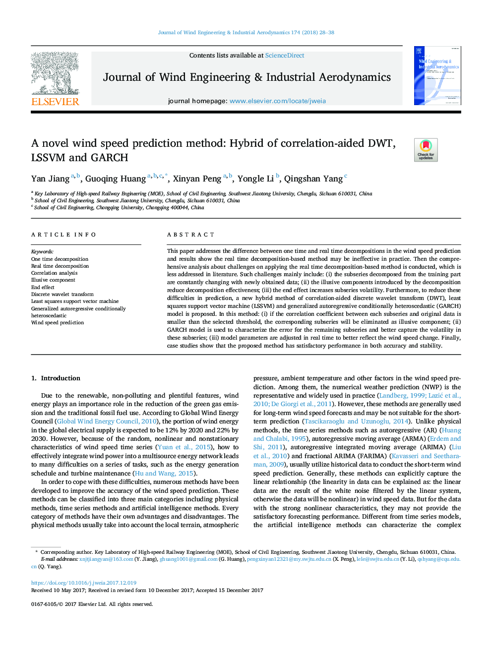 عکس صفحه اول مقاله: A novel wind speed prediction method: Hybrid of correlation-aided DWT, LSSVM and GARCH A novel wind speed prediction method: Hybrid of correlation-aided DWT, LSSVM and GARCH