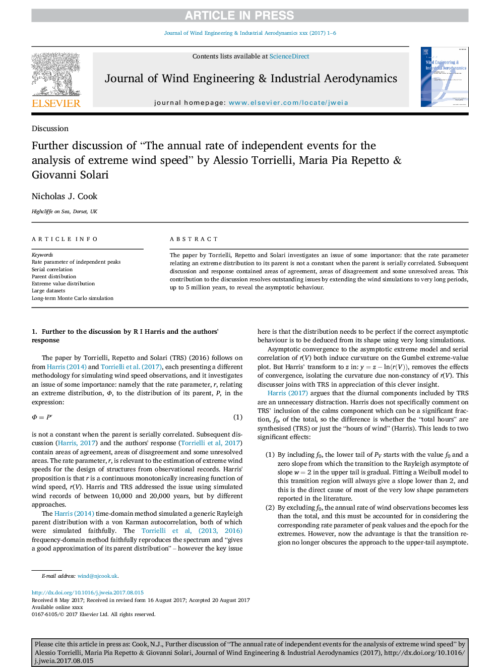 Further discussion of “The annual rate of independent events for the analysis of extreme wind speed” by Alessio Torrielli, Maria Pia Repetto & Giovanni Solari