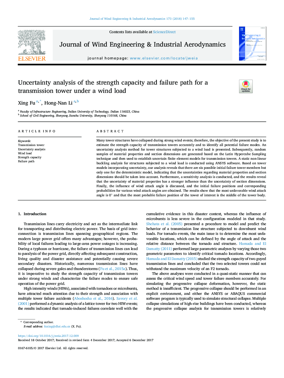 Uncertainty analysis of the strength capacity and failure path for a transmission tower under a wind load