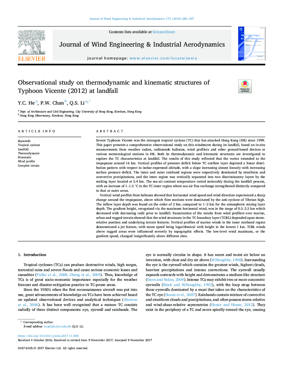 Observational study on thermodynamic and kinematic structures of Typhoon Vicente (2012) at landfall