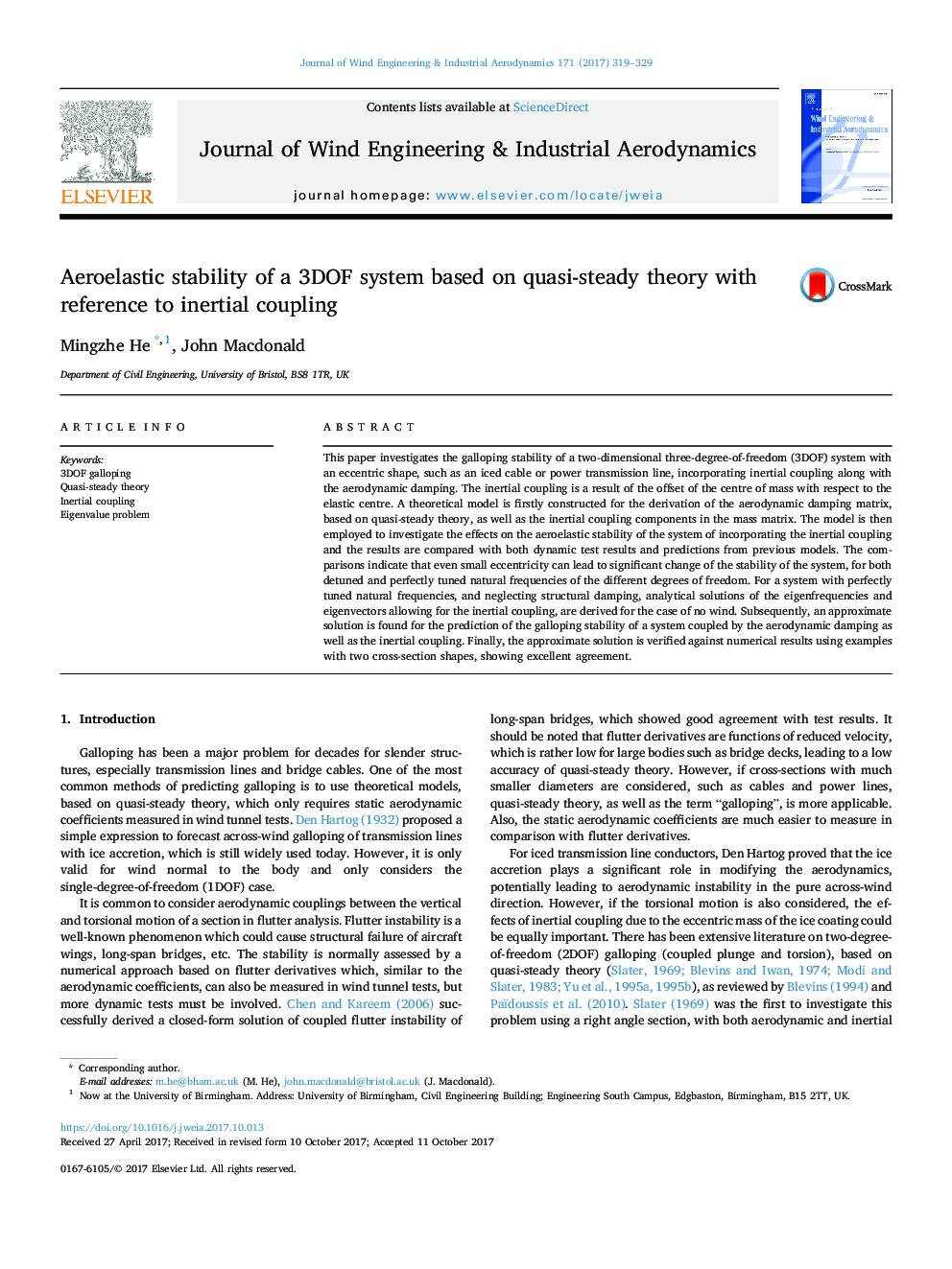 Aeroelastic stability of a 3DOF system based on quasi-steady theory with reference to inertial coupling