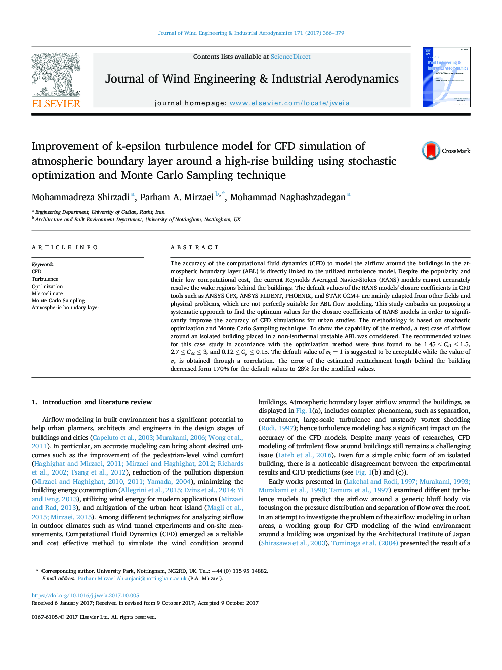 Improvement of k-epsilon turbulence model for CFD simulation of atmospheric boundary layer around a high-rise building using stochastic optimization and Monte Carlo Sampling technique
