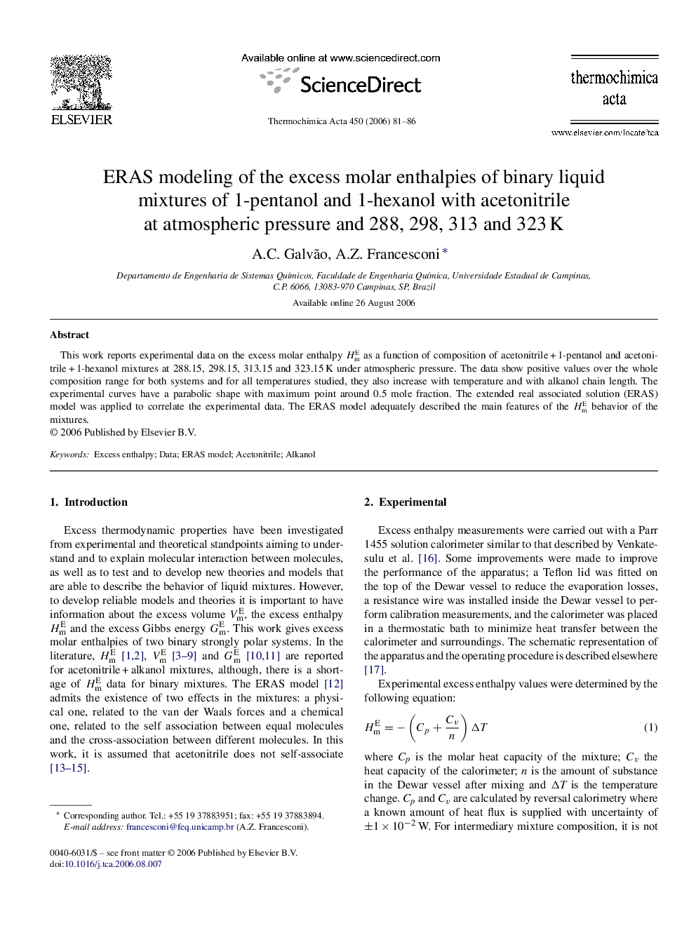 ERAS modeling of the excess molar enthalpies of binary liquid mixtures of 1-pentanol and 1-hexanol with acetonitrile at atmospheric pressure and 288, 298, 313 and 323 K